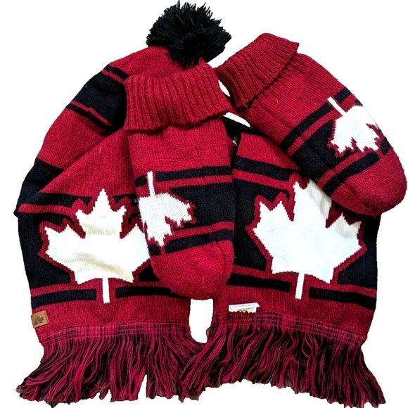 Women's Men's CANADA Knit 3-Piece Scarf Set Neck Warmer Hat & Mittens On… - Picture 1 of 5
